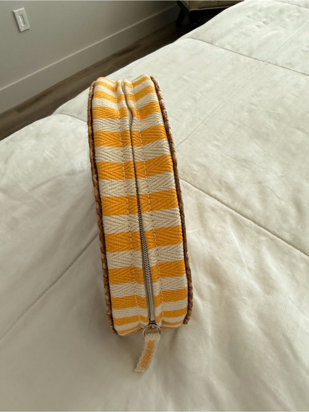 Dior Woven Straw Cosmetic Bag with Yellow and Cream Striped Trim - Picture 3 of 5